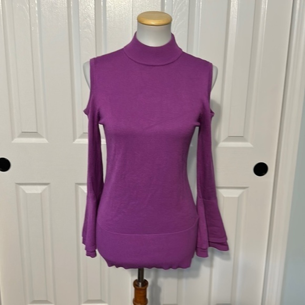 Thalia Sodi purple long sleeve turtle neck with peep shoulders and flare sleeves
